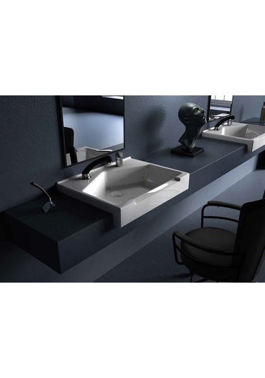 Seramik Kuaför Lavabosu 65 Cm Beyaz Erkek Kare Lavabo Beyaz