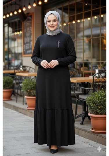 Hesna Kadın Derya Fitilli Doku Eteği Farbalı Broşlu Siyah Elbise Siyah