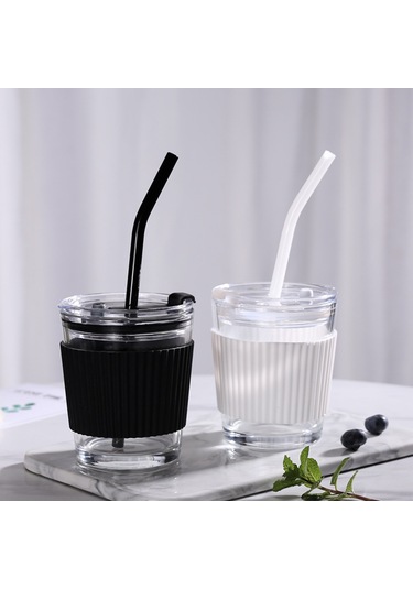 Dofolink Siyah Cam Kahve Bardak, Kapak Ve Pipetli, Islak İçecekler İçin Fonksiyonel Siyah