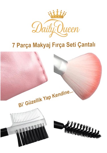 Daily Queen 7 Parça Makyaj Fırça Seti Penbe Deri Çantalı Lüx Ve Kaliteli