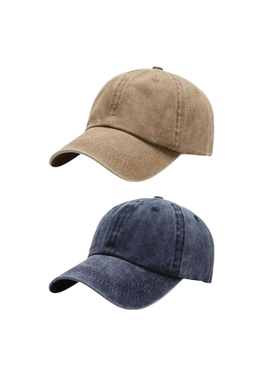 Tezzgelsin Unisex Eskitme Vintage Pamuklu Ayarlanabilir Beyzbol Kep Şapka 2'li Set Camel - Lacivert