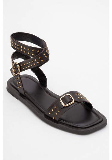 Carril Kahverengi Hakiki Deri Troklu Kadın Sandalet Kahverengi