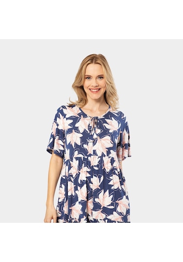 Türen Yaprak Desenli Kısa Kollu Elbise 3354/lacivert Çok Renkli