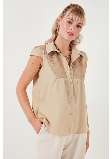 Lela Dantel Detaylı Kısa Kollu Regular Fit Bayan Gömlek 611Go0215 Taş