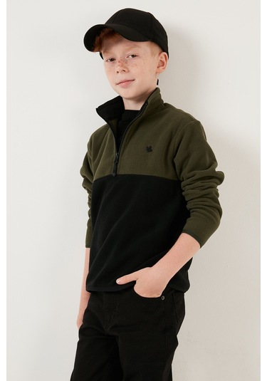 Lela Yumuşak Dokulu Yarım Fermuarlı Renk Bloklu Dik Yaka Unisex Çocuk Polar 5905004 Haki-Siyah