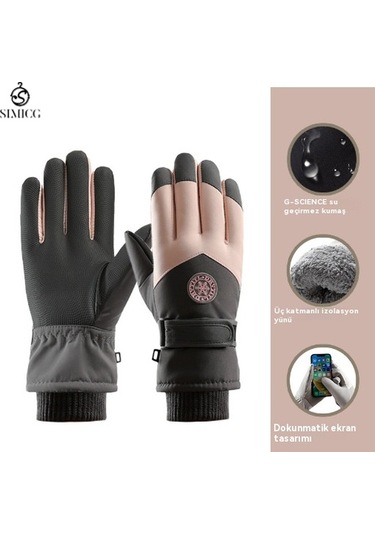 Kayak Sıcak Rüzgar Geçirmez Su Geçirmez Dokunmatik Ekran Eldiveni Gri Pembe