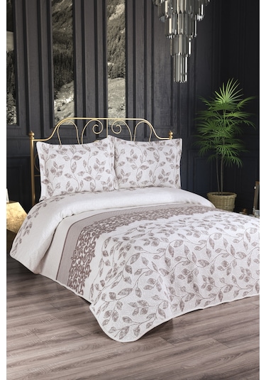 DELÜX ŞURA MODEL 3 PARÇA YASTIKLI YATAK ÖRTÜSÜ PİKE TAKIMI Krem - Kahverengi