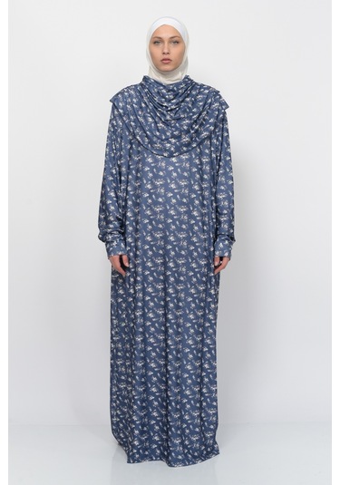 Pratik Tek Parça Çiçek Desenli Kollu Tak Çıkar Başörtülü Likralı Tesettür Namaz Elbisesi 990-0201 Lacivert Antrasit