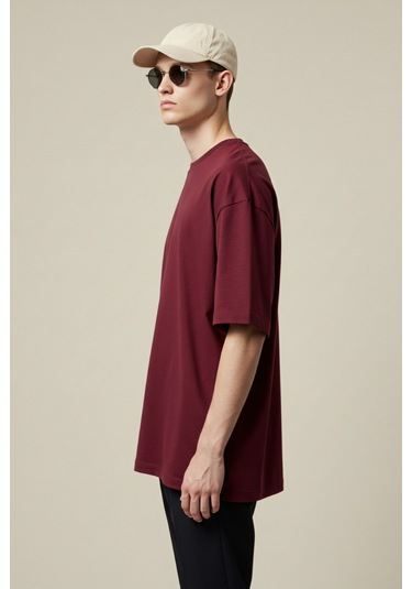 Erkek Oversize Basic Tişört Unisex %100 Pamuk Rahat Kalıp Erkek Tam Oversize Tişört Bordo