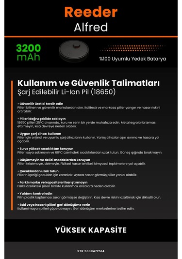 Reeder Alfred 3200mAh Robot Süpürge Bataryası