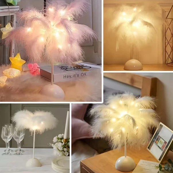 Chuangyinshop Romantik Nordik Yapay Tüy Yatak Başı Lambası Pembe Modern Kişisel Oturma Odası Dekor Pembe