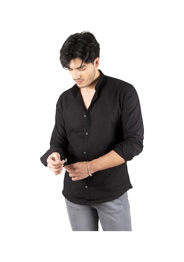 Deepsea Erkek Siyah Hakim Yaka Flamlı Keten Gömlek Siyah