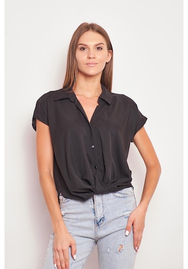 Likrasız Şık Kumaş Yakalı Düşük Omuzlu Önü Pileli Gömlek-siyah Siyah