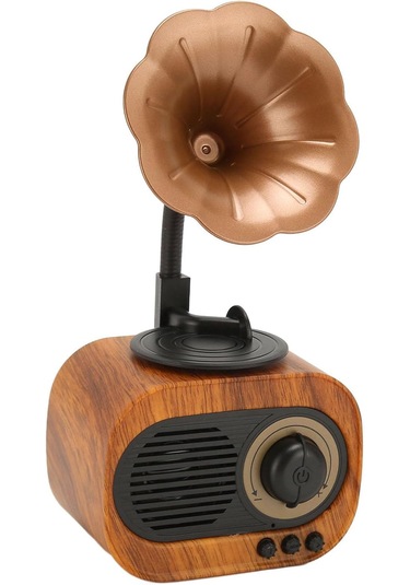 Bukrem Store Retro Ahşap Görünümlü Gramofon Bluetooth Hoparlör Vintage Tasarım, Kablosuz Müzik Keyfi, Şarjlı Mini Gramofon