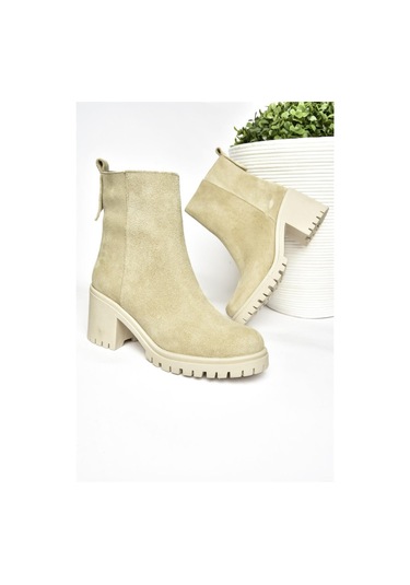 Fox Shoes R654006502 Bej Hakiki Deri Süet Kalın Topuklu Kadın Bot Bej