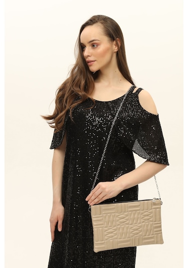 Morpelikan Bej Zigzag Clutch Kadın Portöy Çanta Bej