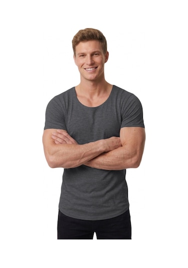 Deepsea Erkek Antrasit Slim Fit %90 Pamuk Açık Yaka Oval Kesim Likralı Basic Tişört 1801199