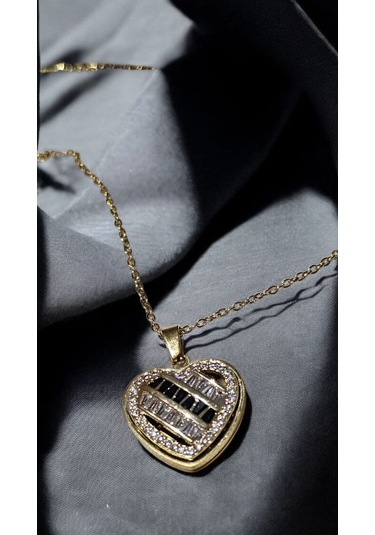 Taşlı Çizgili Kalp Kolye Altın Renk Modern Kadın Takı Modeli