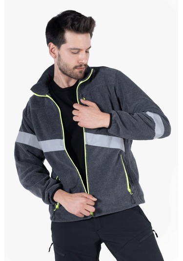 Neon Sarı Fermuarlı Reflektörlü Polar Gri Melanj