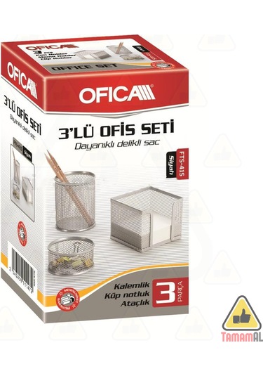 Ofis Masa Set Kalemlik + Küp Blok + Ataçlık 3 Lü Metal File Gümüş