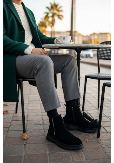 Muggo Chelsea Hakiki Deri Çift Fermuarlı Garantili Erkek Kışlık Bot Siyah