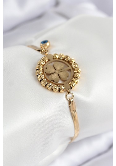 316l Çelik Nazar Boncuk Detaylı Yonca Model İtalyan Zincir Gold Renk Kadın Bileklik Çok Renkli