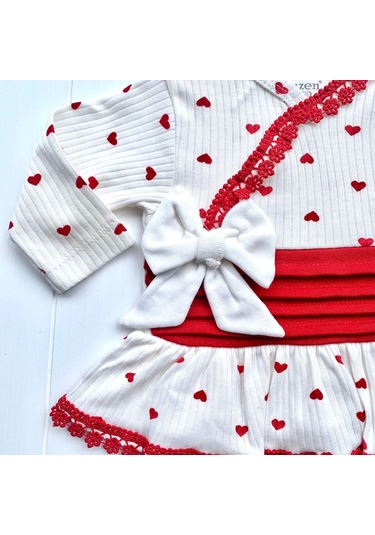 Kalp Desenli Dantel İşlemeli Hastane Çıkışı Bebek Takımı Beyaz