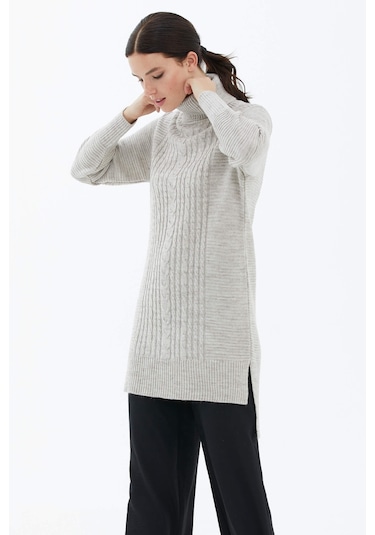 Tam Balıkçı Yaka Triko Tunik  - Açık Bej