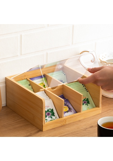 Porsima 005 Ahşap 6 Bölmeli Organizer Poşet Çay Saklama Kutusu Ahşap