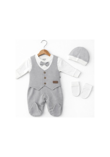 Işıl Baby Papyonlu Yelekli Erkek Bebek Tulum Takım Gri
