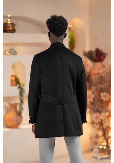 Paul Martin İtalyan Yaka Yünlü Kruvaze Kaşe Kaban Siyah