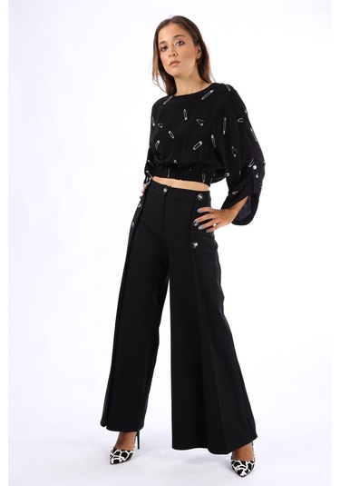 Modatalika Bayan Günlük Çengeli İğne Desenli Siyah Bluz Siyah