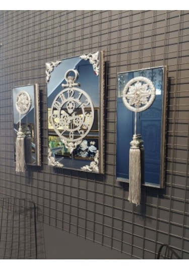 Bymelekoğlu 3'lü Çerçeveli Aynalı Takım Saati Duvar Saati Gümüş