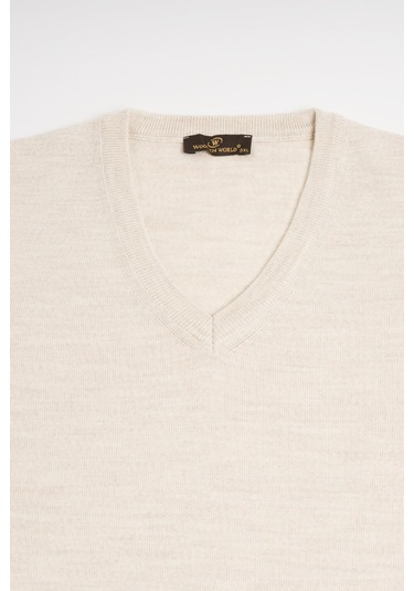 Woolen World V Yaka Battal Büyük Boy Yünlü Triko Kazak Krem