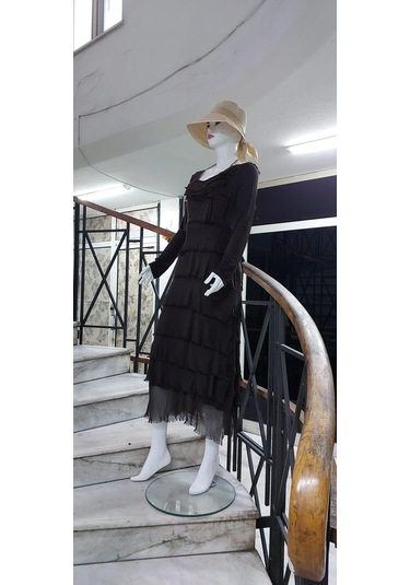 Italyan 2 Beden İnce Gösteren Kat Kat Uzun Kol Taşlanmış İpek Elbise Koyu Kahve