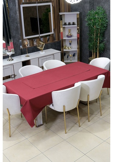 Dream 8 Parça Masa Örtüsü Seti Çeyiz Seti Salon Masa Örtüsü, Runner, 6'lı Peçete Vişne