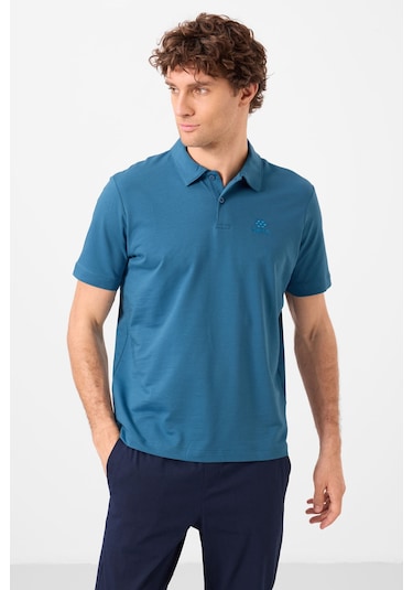 Tommylife Tommy Life Saks Basic Logolu Standart Kalıp Triko Polo Yaka Erkek T-shirt - 87748 Saks