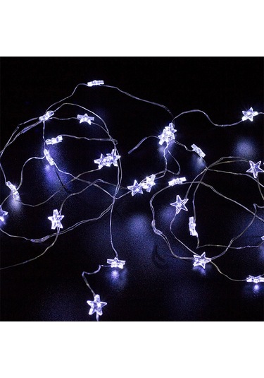 Ximistore9 Bz234 2m Gümüş Bakır Tel Led Işık Zinciri, 20 Adet Beyaz Ampul, Pil Kutuslu, İç/ Dış Mekan, Noel Ağacı, Bahçe Dekorasyonu, Yıldız Şekli