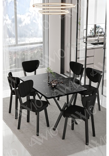 Avvio Mida Elma Sandalye 80x140 Yemek Masası Mutfak Masası 6 Kişilik Masa Sandalye Takım Siyah Mermer