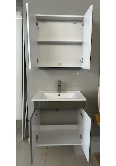 Banyo Dolabı Aynalı Cnc İşlemeli 65 Cm Gri Kulplu