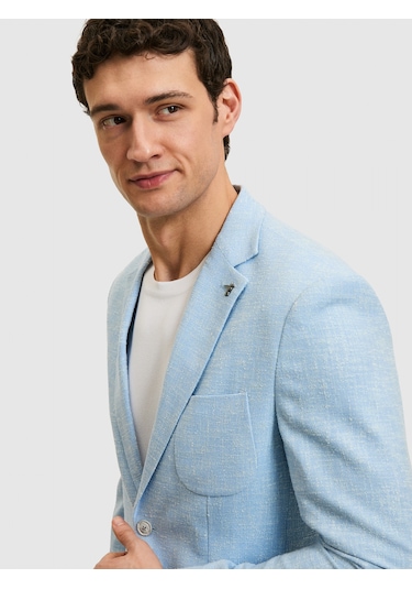 Cacharel Açık Mavi Slim Fit Yün İpek Karışımlı Ceket Denim