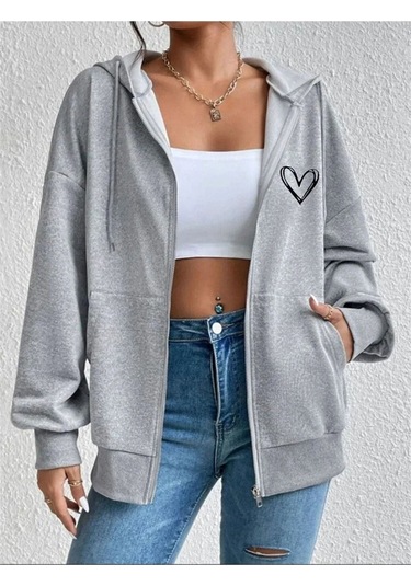 Kalp Hırka - Gri Baskılı Oversize Kapüşonlu Gri