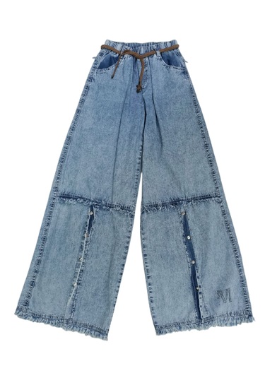 Kız Çocuk Beli Lastikli Çıtçıt Detaylı Cepli Palazzo Model Mevsimlik Mavi Kot Pantolon Açık Mavi