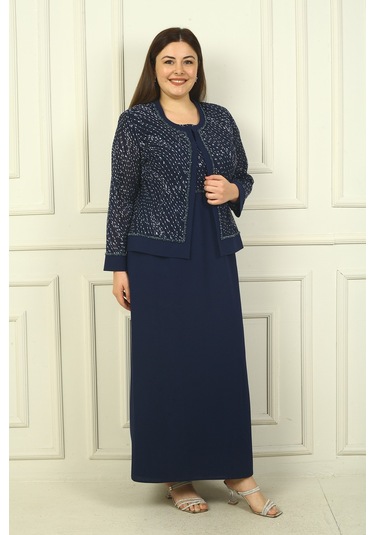 Kadın Boncuk Pul İşlemeli Tül Ceket Yarım Ay Kollu Uzun Elbise Astarlı Büyük Beden 2'li Takım Lacivert Kadın Boncuk Pul İşlemeli Tül Ceket Yarım Ay Kollu Uzun Elbise Astarlı Büyük Beden 2'li Takım Lacivert