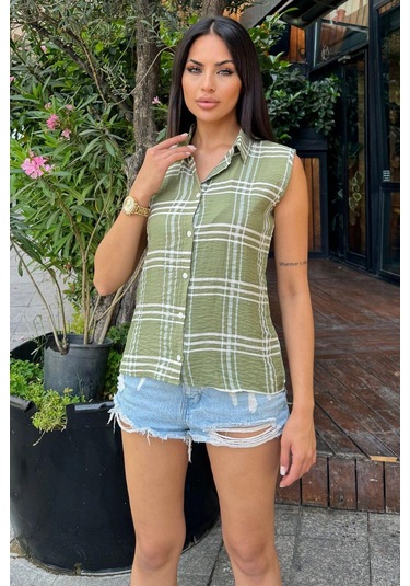 Kadın Haki Ekose Desen, Dokulu Bodrum Kumaş, Kolsuz Rahat Gömlek Haki