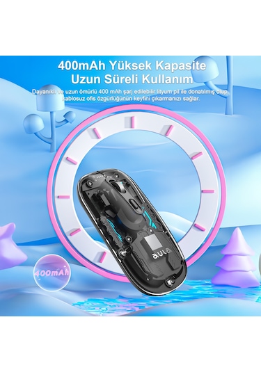 Aula Am210 Dual Mode Bluetooth Ve Kablosuz 1600dpı Rgb Şeffaf Şarjlı Mouse