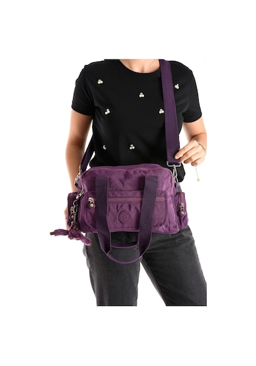 Omuz Çantası Çok Cepli Hafif Klinkır Kumaş 30 20 Cm Çapraz Askılı Postacı Çanta Kol Çantası Mor