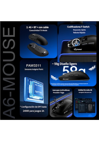 Freewolf A6 Kablosuz Oyuncu Mouse Paw3311 1000 Hz 24000 Dpı Profesyonel Bluetooth Üç Modlu Bağlantı -