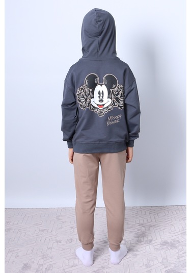 Erkek Çocuk Kapşonlu Eşofman Takımı Mickey Mouse Sırt Baskılı Ribanalı F3 Bej