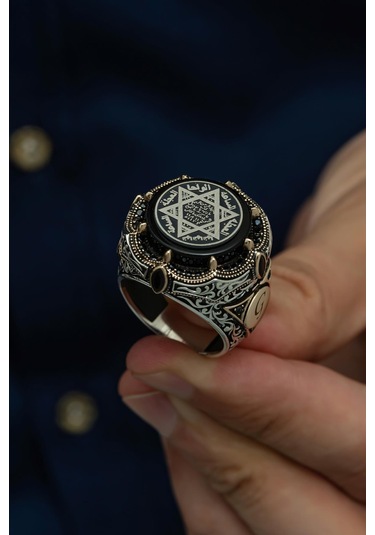 Mührü Süleyman Desenli Yuvarlak 925 Gümüş Erkek Yüzük